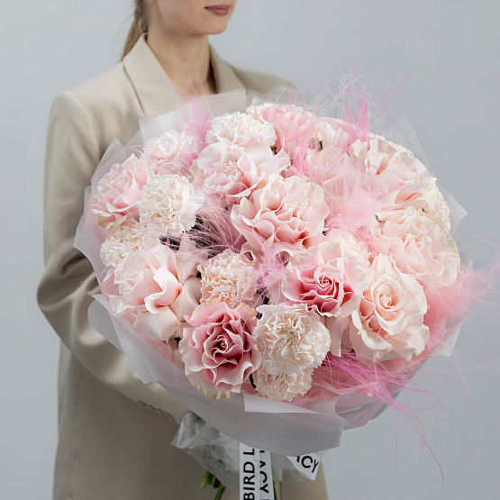 French Roses “Pink Mondial” and Dianthus with Stipa Duo Bouquet